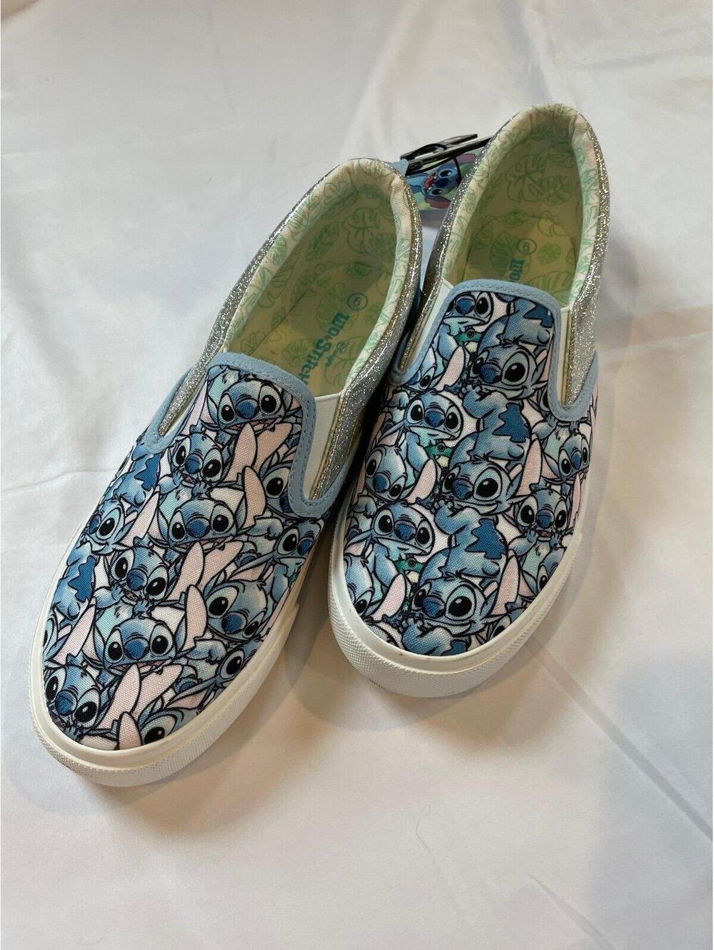 Disney Stitch Slip On Sneakers Girls Size 6 Blue Glitter Trim NWT